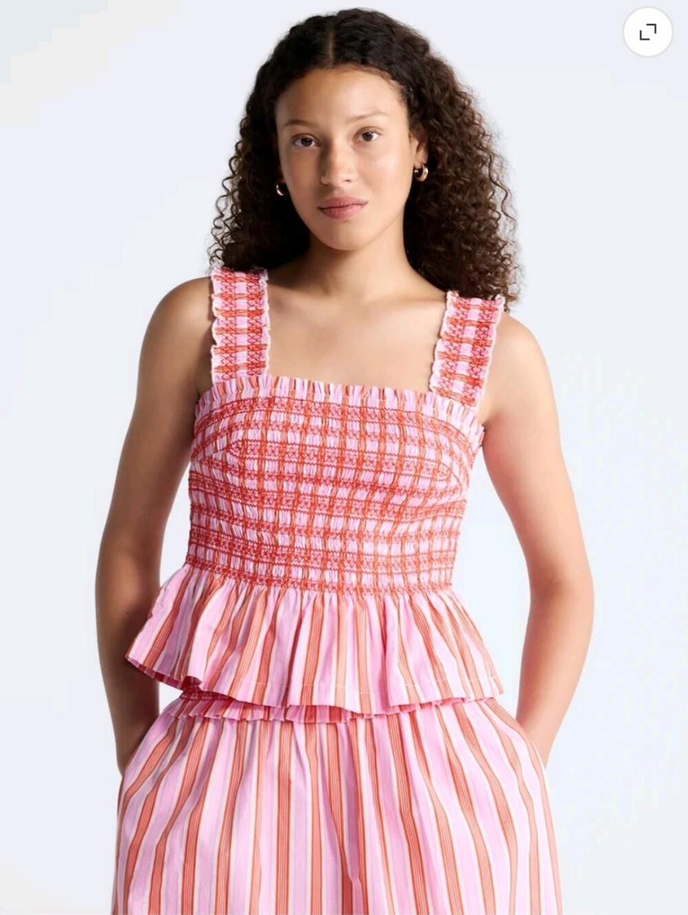Free Assembly Smocked Cotton Tank Top with Peplum Hem, Pink/Orange P:18-21, L:20